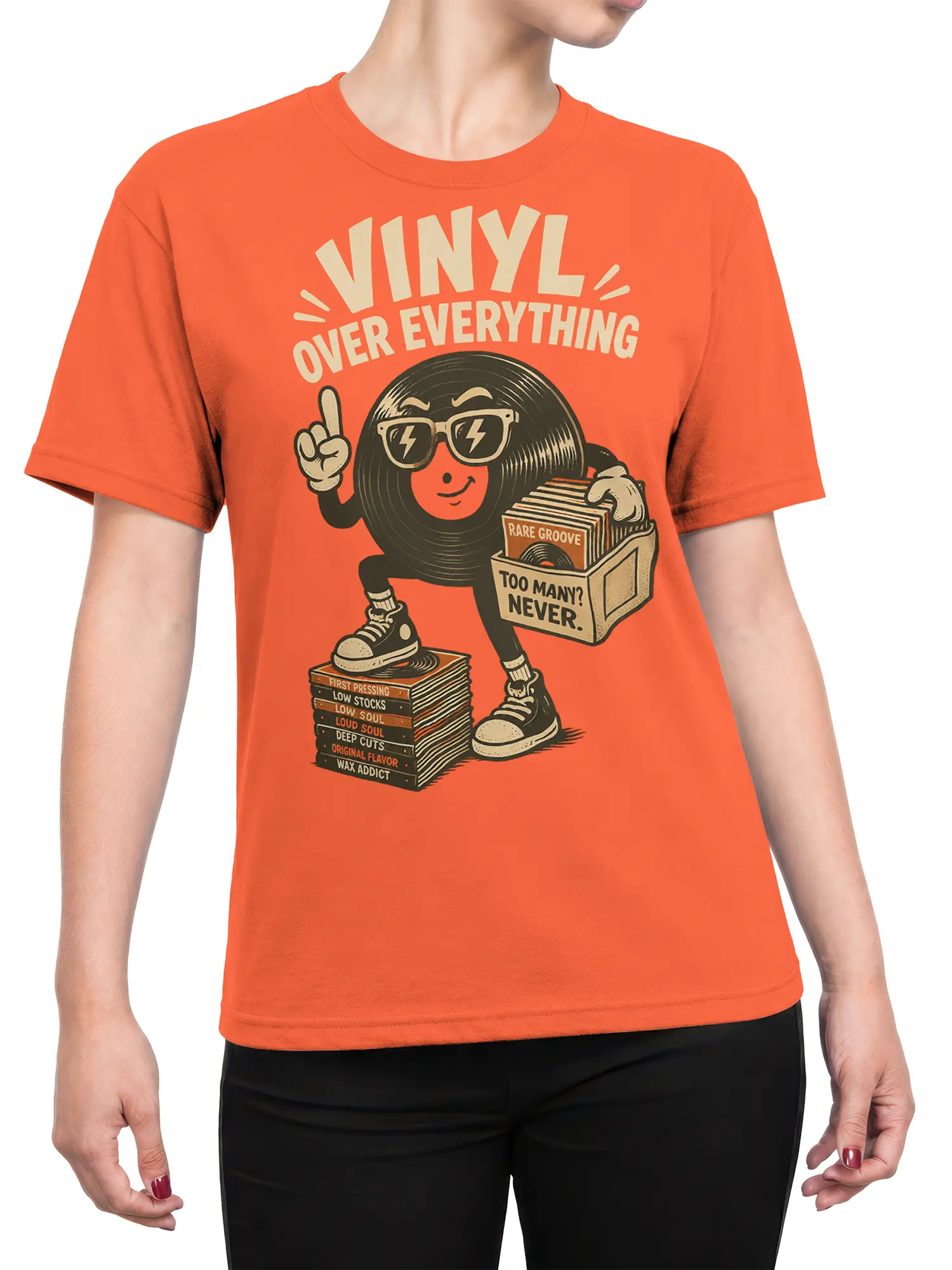 Female torso wearing an orange vinyl record collector T-shirt with bold retro artwork and music-themed lettering