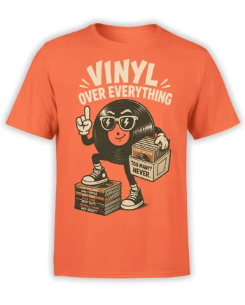 Orange vinyl record collector T-shirt with sunglasses, record boxes, and “Vinyl Over Everything” lettering