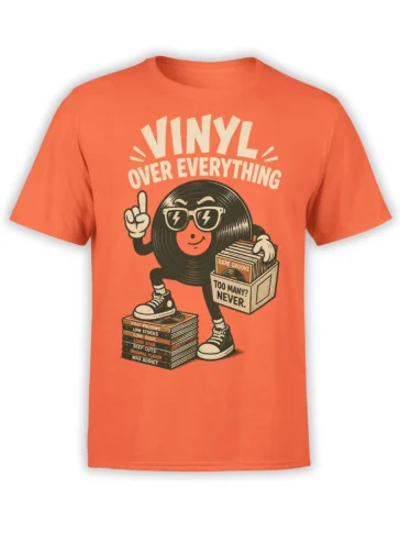 Orange vinyl record collector T-shirt with sunglasses, record boxes, and “Vinyl Over Everything” lettering