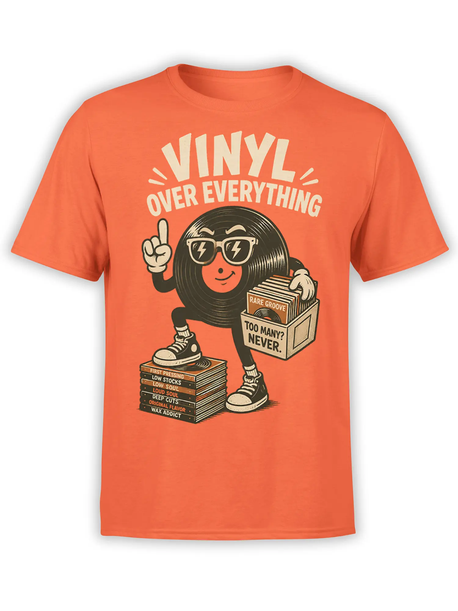 Orange vinyl record collector T-shirt with sunglasses, record boxes, and “Vinyl Over Everything” lettering