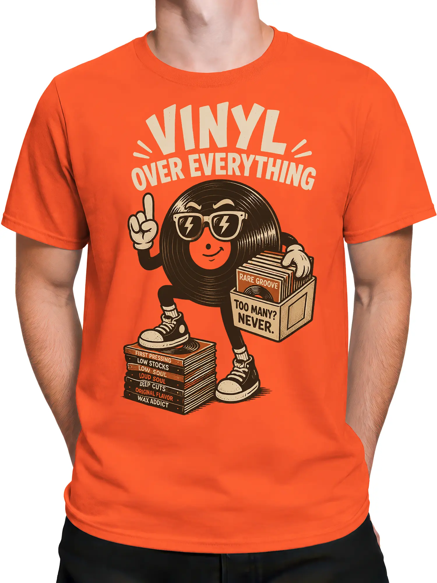 Male torso wearing an orange vinyl record T-shirt with retro record collector artwork