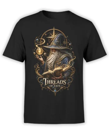 Black wizard T-shirt featuring a bearded mage, glowing orb, open book, celestial compass, and Threads of Fate artwork