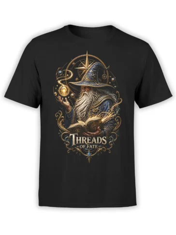 Black wizard T-shirt featuring a bearded mage, glowing orb, open book, celestial compass, and Threads of Fate artwork