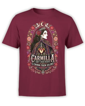 Gothic crowned vampire woman with flowers, moon, doves, and bat on a burgundy T-shirt