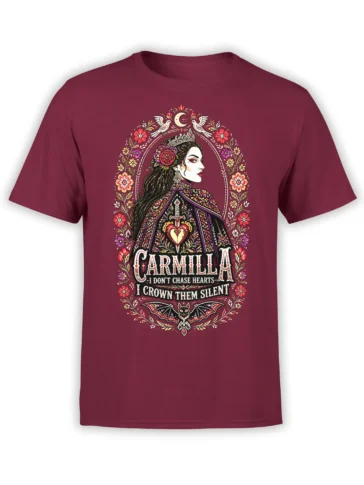 Gothic crowned vampire woman with flowers, moon, doves, and bat on a burgundy T-shirt