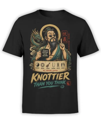Black T-shirt with bearded inventor, green dragon, hobby symbols, and bold “KNOTTER THAN YOU THINK” lettering