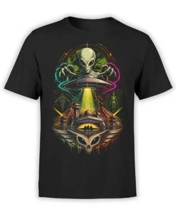 Black alien UFO T-shirt with a glowing flying saucer beam, guarded mountain facility, and colorful retro sci-fi artwork
