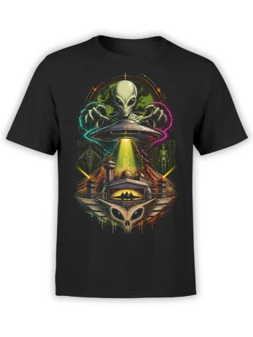 Black alien UFO T-shirt with a glowing flying saucer beam, guarded mountain facility, and colorful retro sci-fi artwork