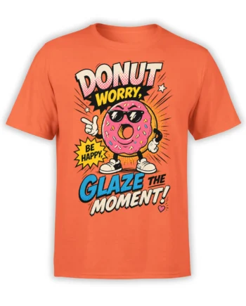 Coral donut T-shirt featuring a pink glazed donut in sunglasses and colorful comic-style slogan text