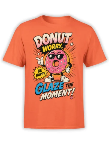 Coral donut T-shirt featuring a pink glazed donut in sunglasses and colorful comic-style slogan text