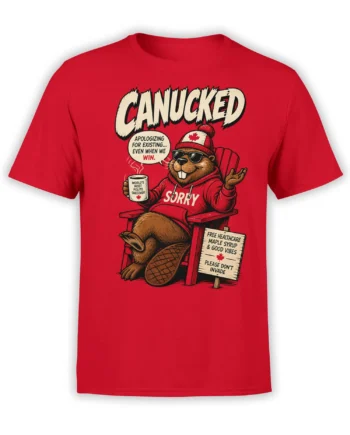 Red T-shirt with a funny Canadian beaver in sunglasses, maple toque, and a polite takeover graphic