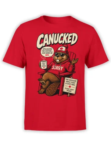 Red T-shirt with a funny Canadian beaver in sunglasses, maple toque, and a polite takeover graphic
