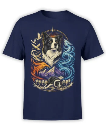 Black-and-white guardian dog graphic with fire, water, mountains, birds, and sheep on a navy T-shirt