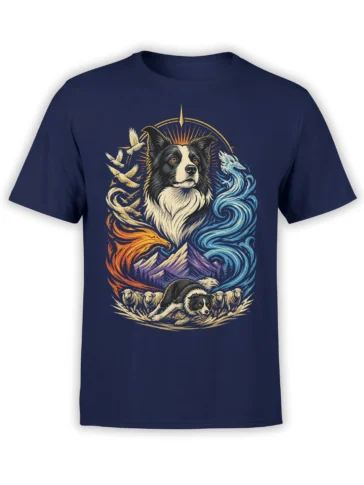 Black-and-white guardian dog graphic with fire, water, mountains, birds, and sheep on a navy T-shirt