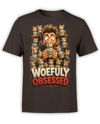 Brown dog T-shirt featuring a corgi-obsessed character, many corgi pups, Best Boy mugs, and bold lettering