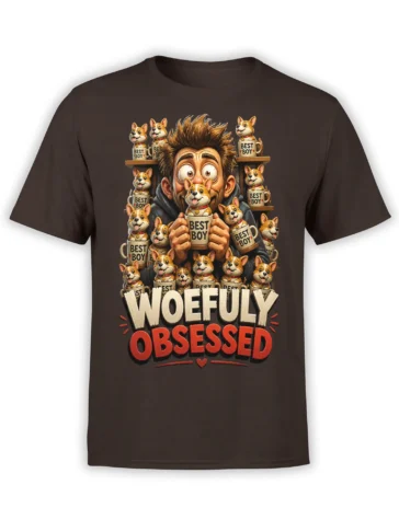Brown dog T-shirt featuring a corgi-obsessed character, many corgi pups, Best Boy mugs, and bold lettering