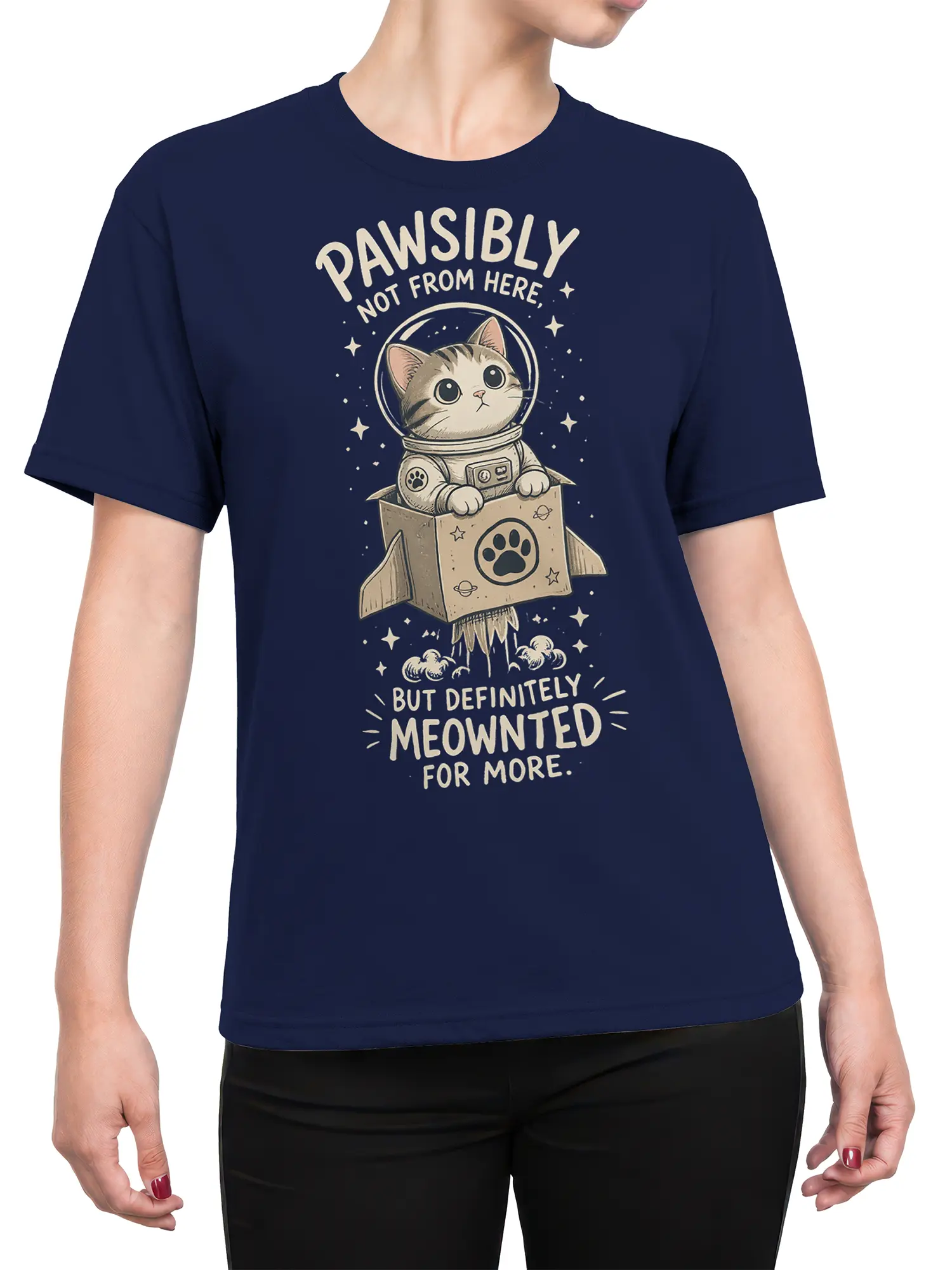 Female torso wearing a navy astronaut cat graphic tee with vintage space artwork and playful lettering