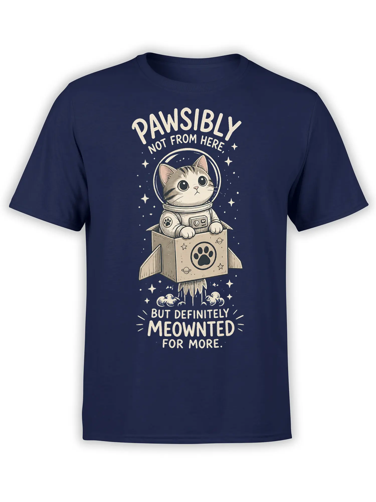 Vintage astronaut cat graphic with space pun lettering on a navy cat t-shirt