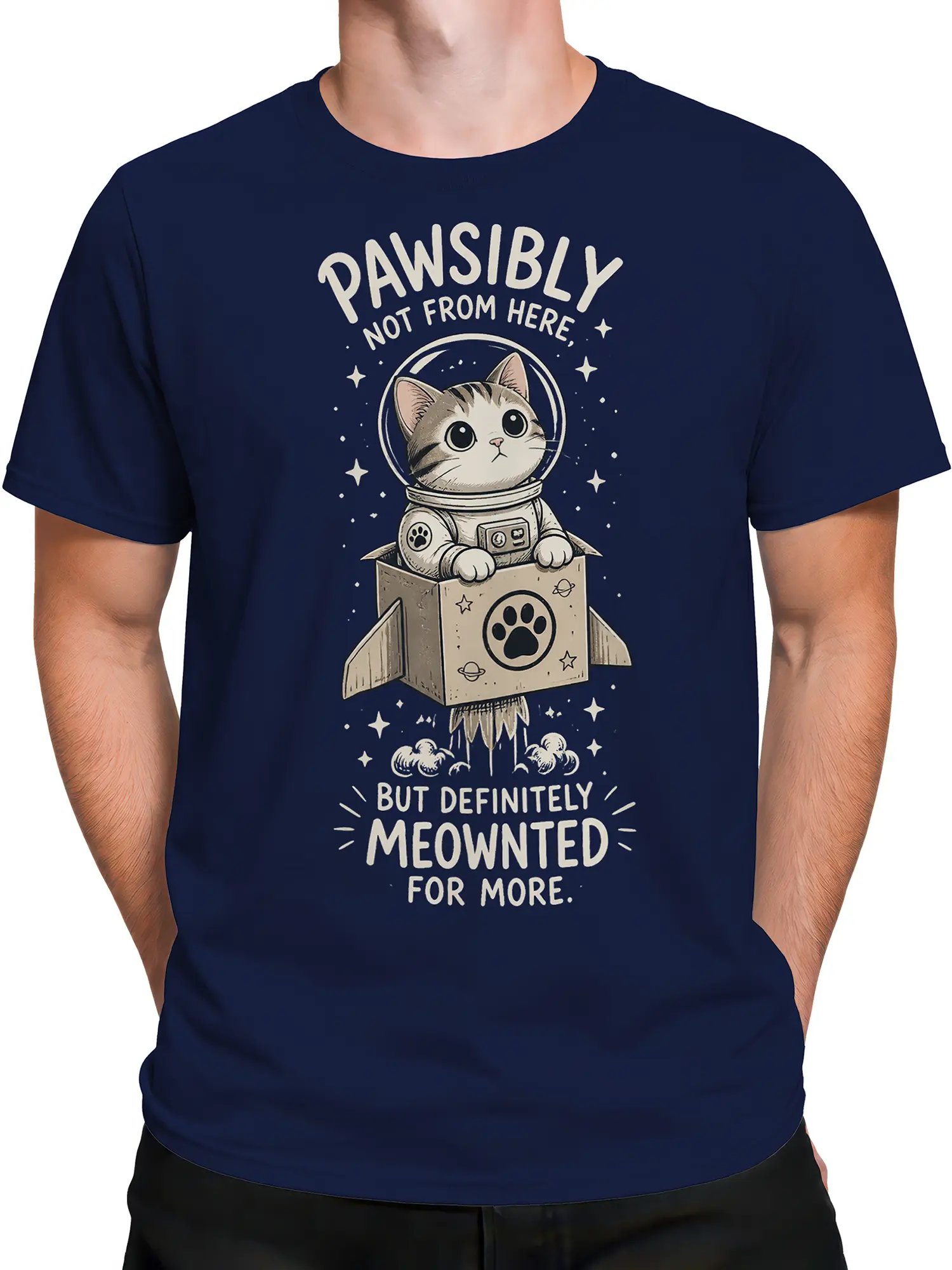 Male torso wearing a navy cat graphic tee with astronaut artwork, stars, and a cardboard rocket