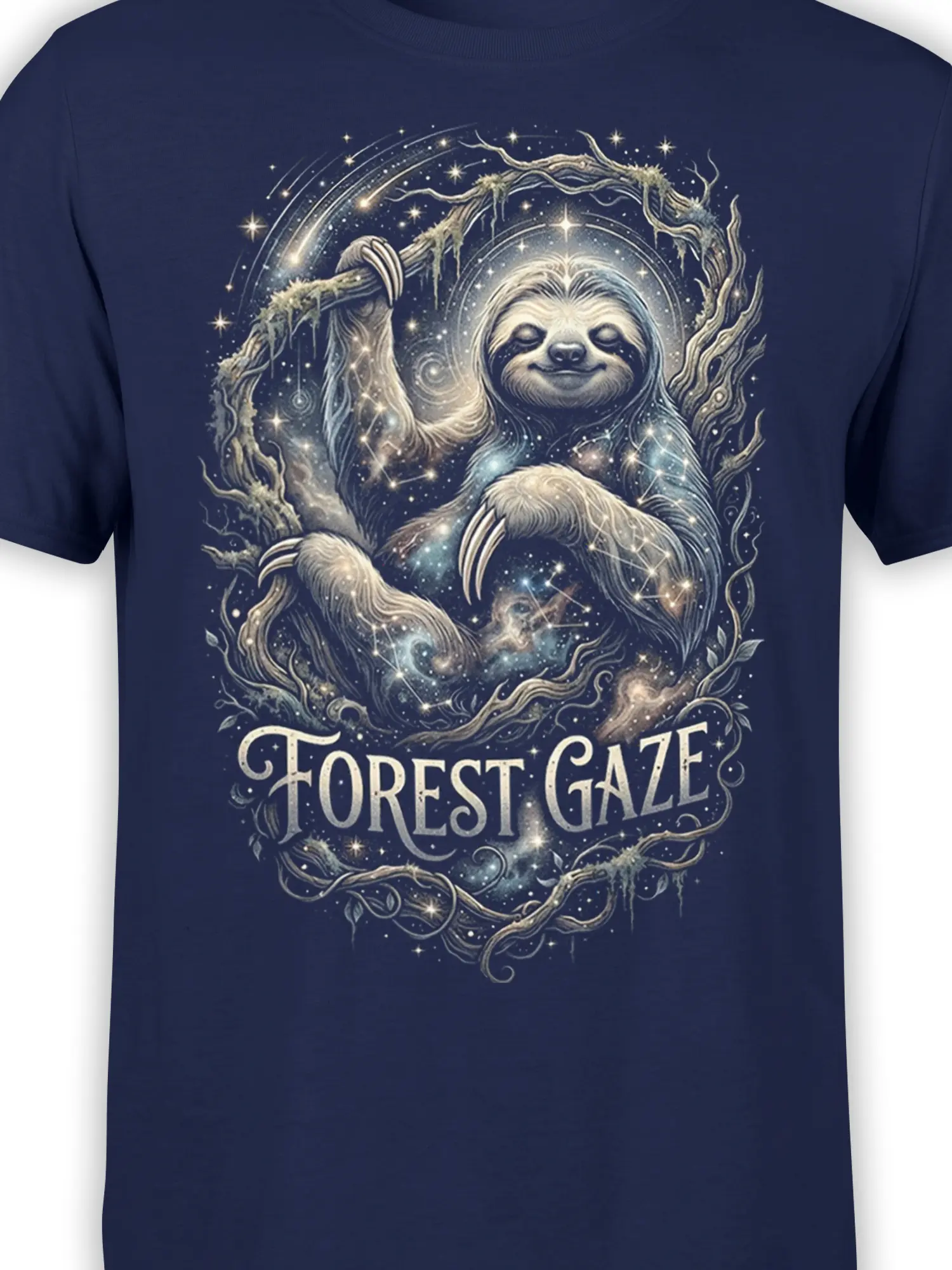 Close-up of the sloth, stars, forest branches, and Forest Gaze lettering on a navy graphic tee