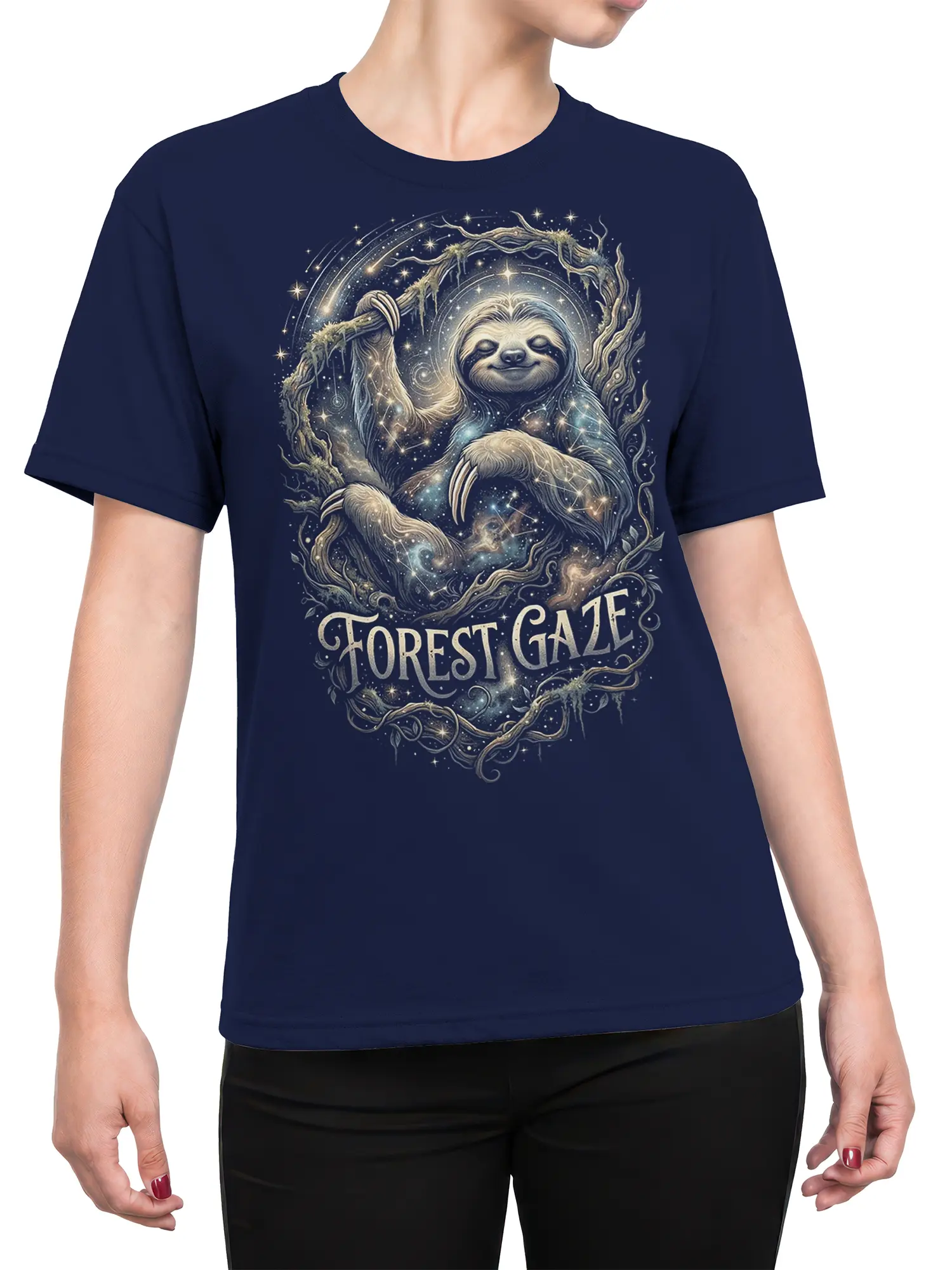Female torso wearing a navy T-shirt with a cosmic sloth and Forest Gaze forest artwork