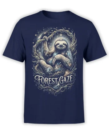 Peaceful sloth surrounded by stars and forest branches on a navy Forest Gaze graphic T-shirt