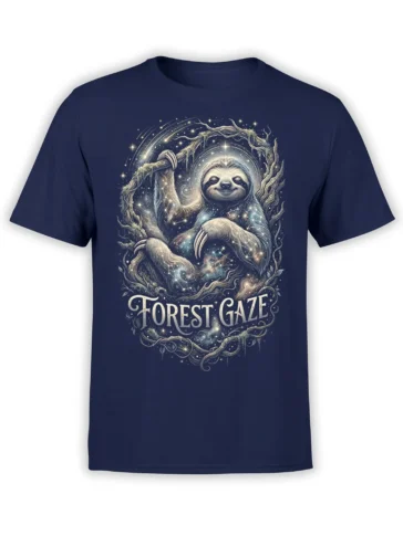 Peaceful sloth surrounded by stars and forest branches on a navy Forest Gaze graphic T-shirt