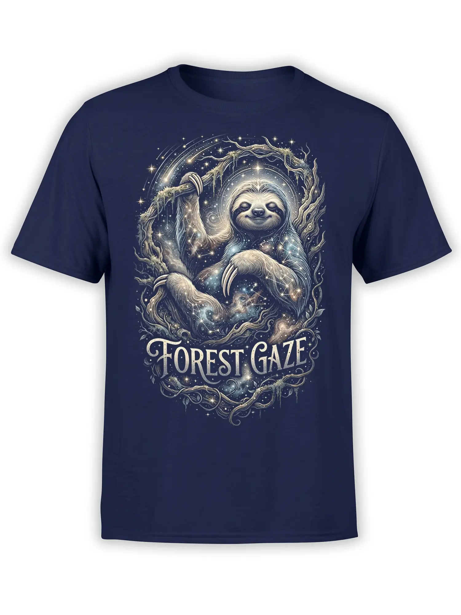 Peaceful sloth surrounded by stars and forest branches on a navy Forest Gaze graphic T-shirt