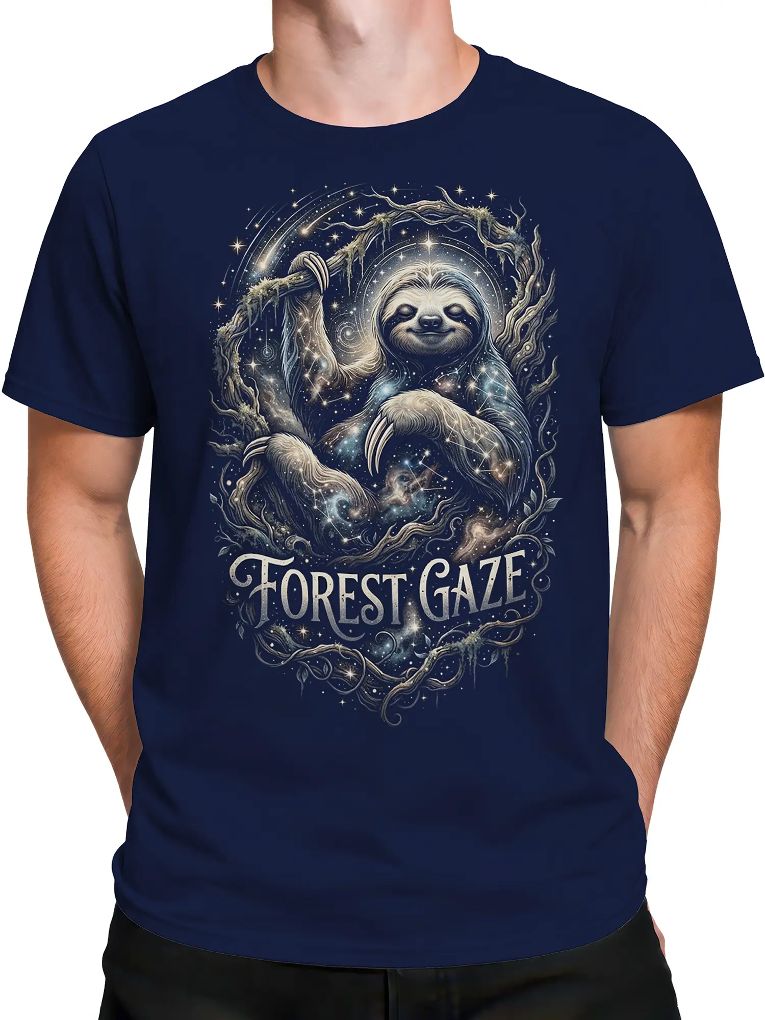 Male torso wearing a navy Forest Gaze T-shirt with a starry sloth and woodland design