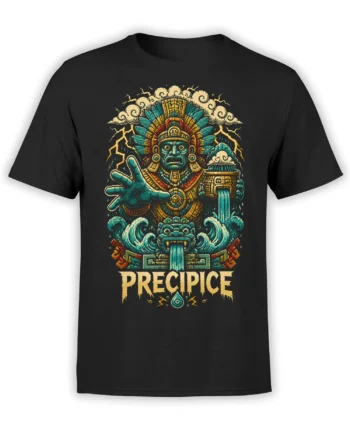 Black mythology graphic tee with a feathered figure, lightning, turquoise waves, and bold PRECIPICE lettering