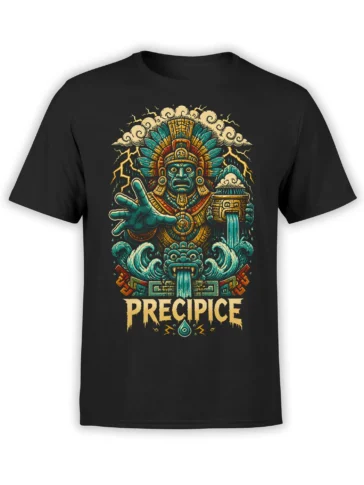 Black mythology graphic tee with a feathered figure, lightning, turquoise waves, and bold PRECIPICE lettering