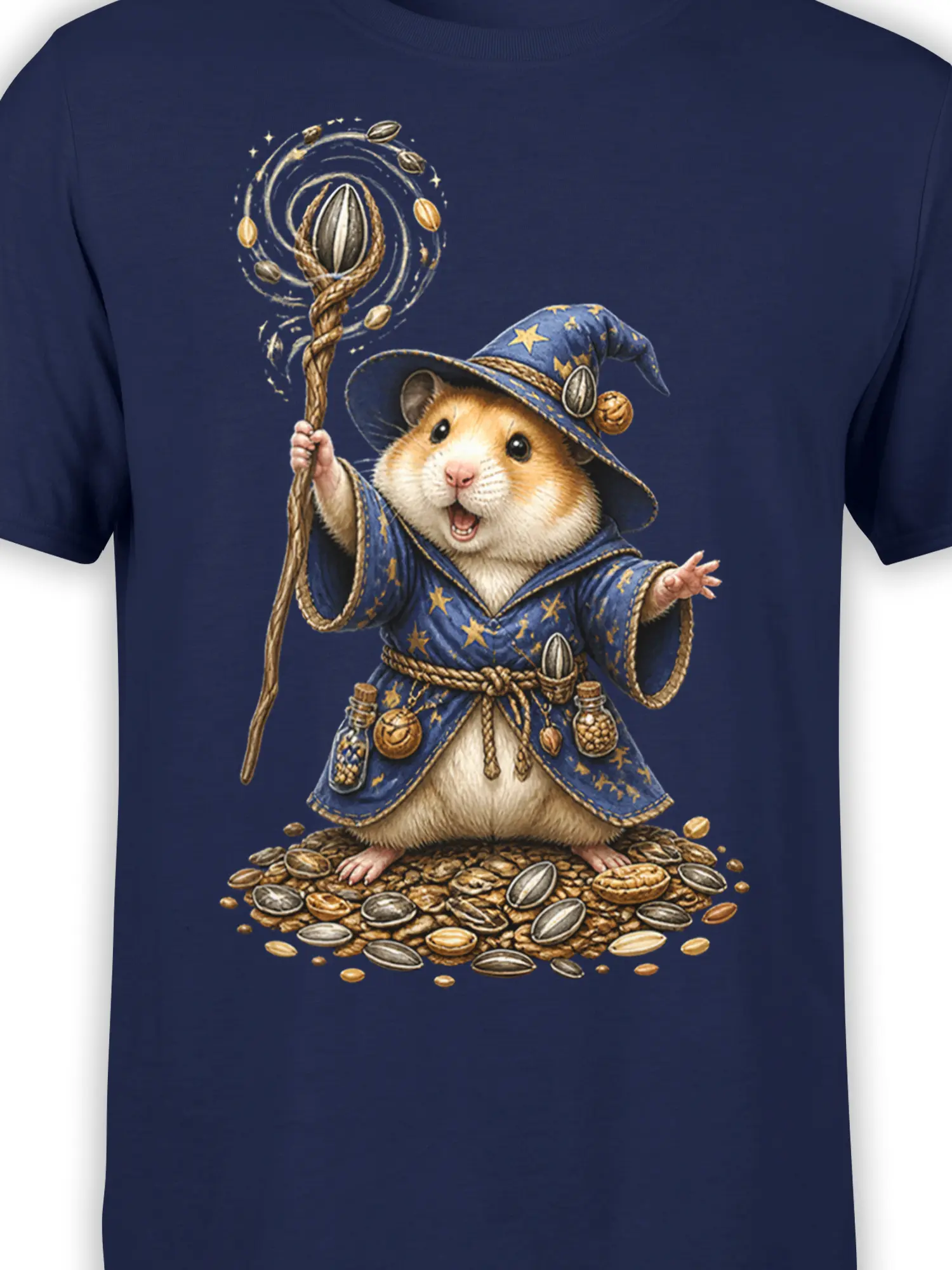 Close-up of a hamster wizard in a blue starry robe with a magical staff on a navy T-shirt