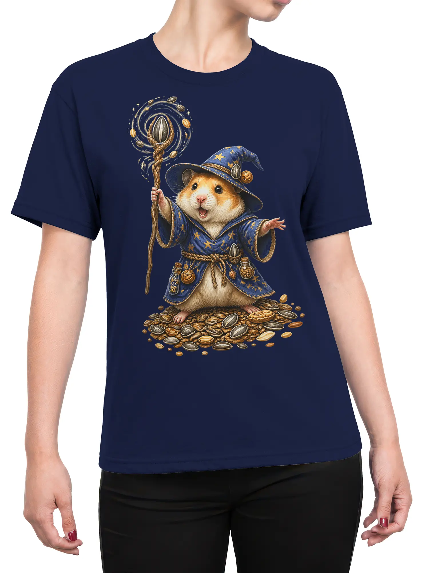 Female torso wearing a navy T-shirt with a starry hamster wizard and magical staff design