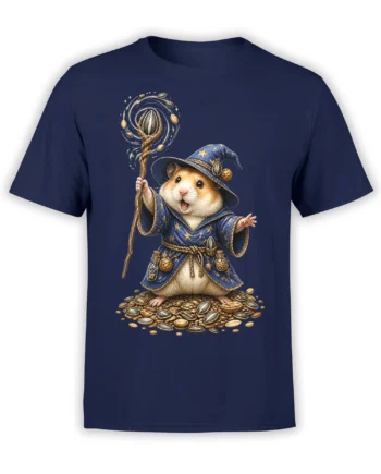 Hamster wizard graphic on a navy T-shirt, wearing a starry robe and holding a magical staff