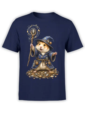 Hamster wizard graphic on a navy T-shirt, wearing a starry robe and holding a magical staff