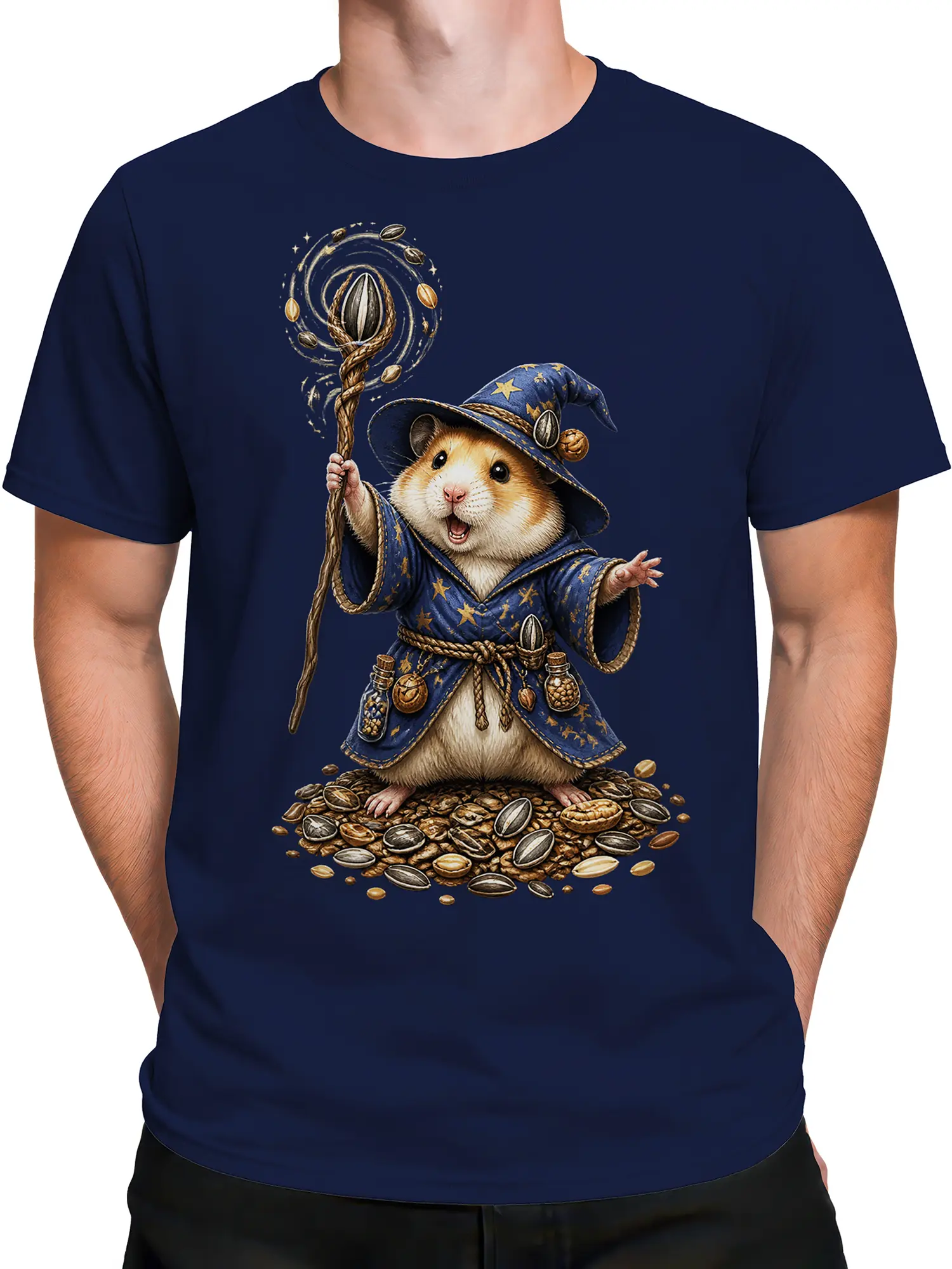 Male torso wearing a navy T-shirt with a hamster wizard, starry robe, and magical staff