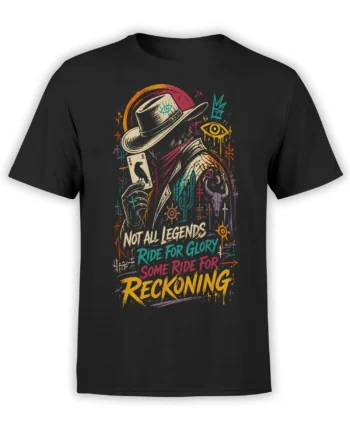 Black western T-shirt with a mysterious rider, colorful desert symbols, bull skull, and reckoning lettering