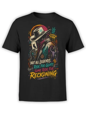 Black western T-shirt with a mysterious rider, colorful desert symbols, bull skull, and reckoning lettering