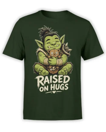 Dark green shirt with a smiling green goblin hugging a stitched teddy bear and “RAISED ON HUGS” text