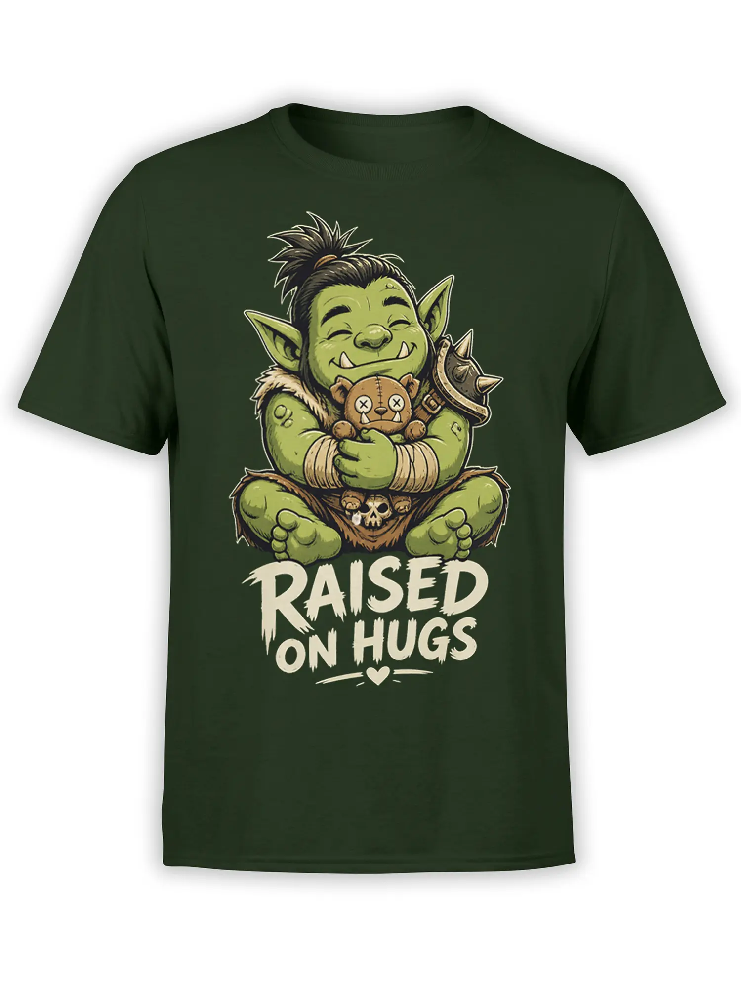 Dark green shirt with a smiling green goblin hugging a stitched teddy bear and “RAISED ON HUGS” text