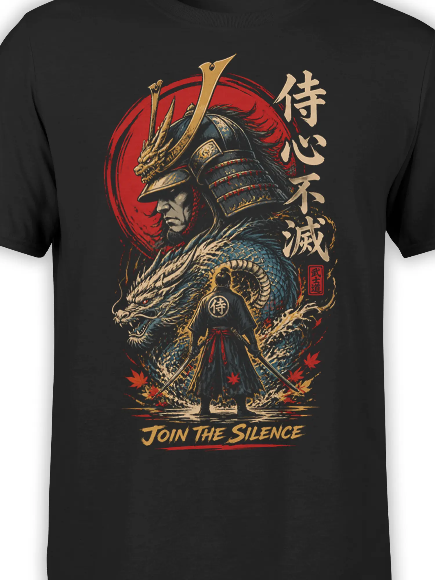 Close-up of the black shirt graphic showing the samurai helmet, blue dragon scales, red sun, and Japanese-style characters