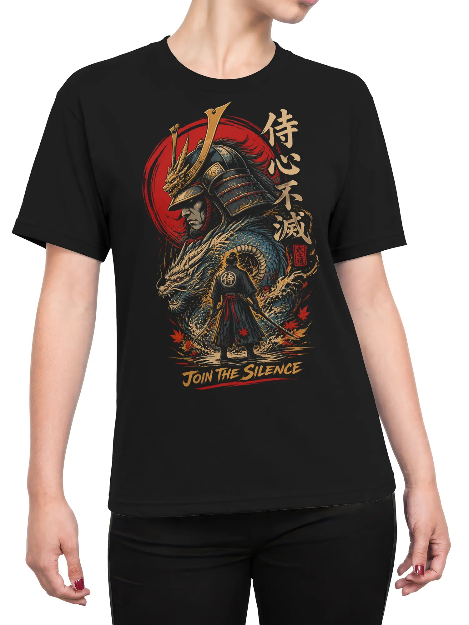 Female torso wearing a black dragon samurai T-shirt with a red sun, blue dragon, and Join the Silence artwork