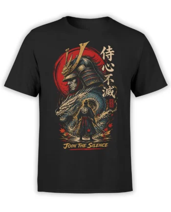 Black samurai T-shirt with a blue dragon, red sun, autumn leaves, and Join the Silence design