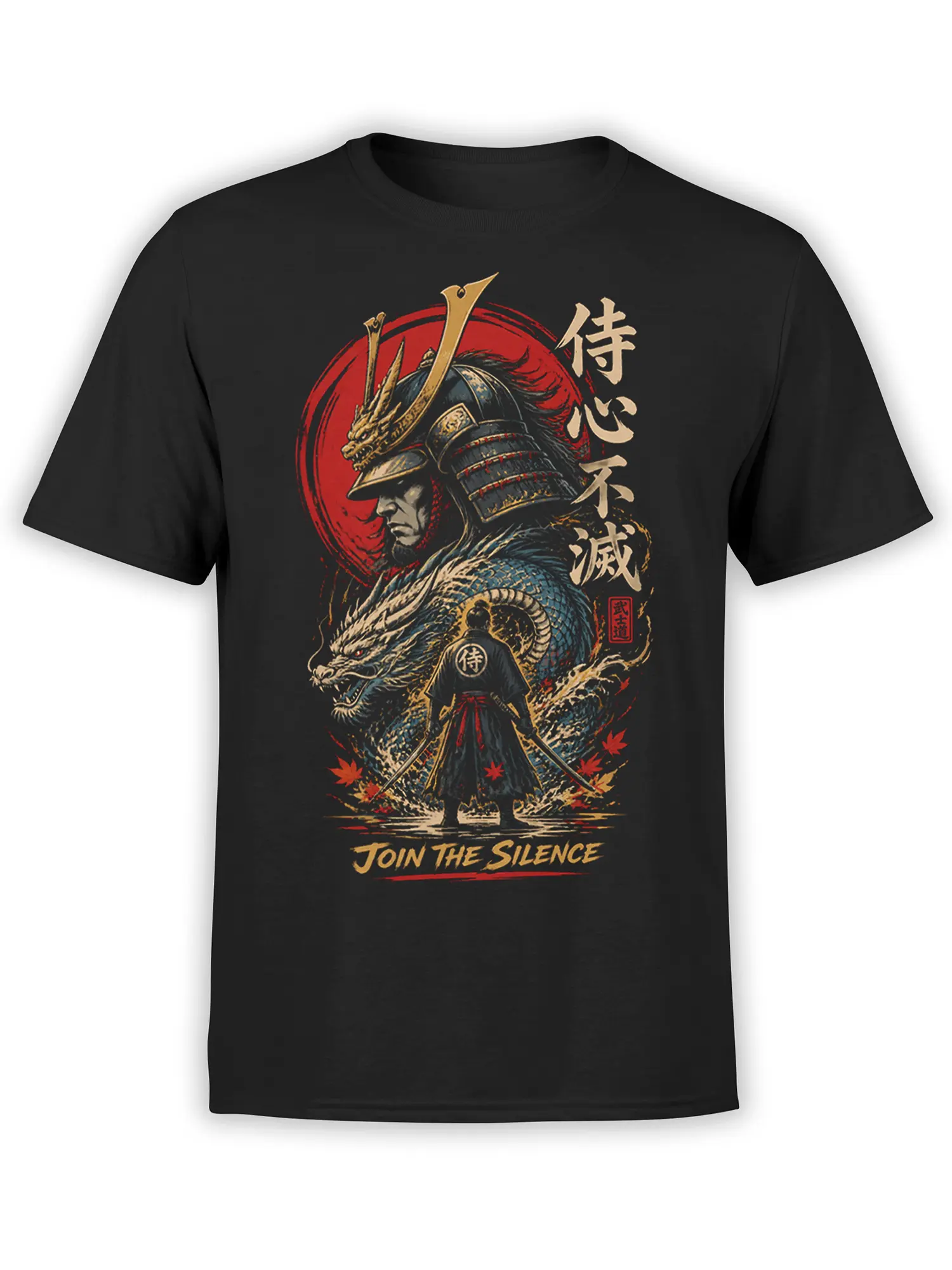 Black samurai T-shirt with a blue dragon, red sun, autumn leaves, and Join the Silence design