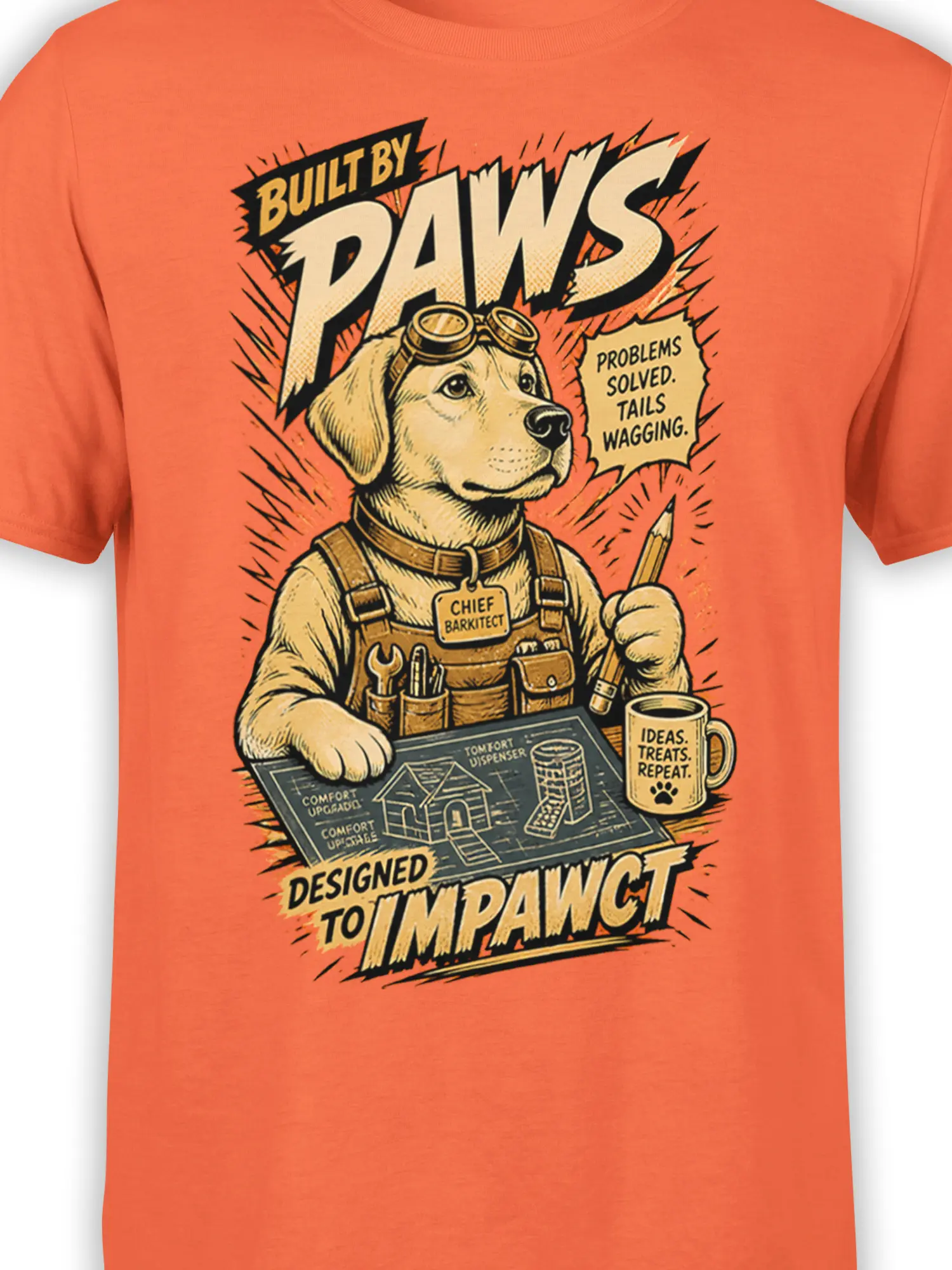 Close-up of dog architect graphic with goggles, tool belt, blueprints, and bold lettering on orange fabric