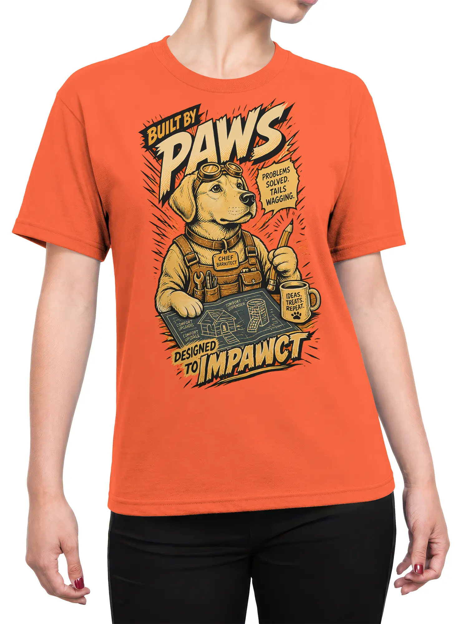 Female torso wearing an orange dog architect T-shirt with blueprint and tool graphic