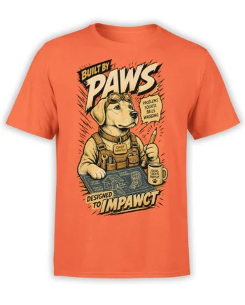 Orange dog architect T-shirt with goggles, blueprints, tools, and “Designed to Impawct” graphic