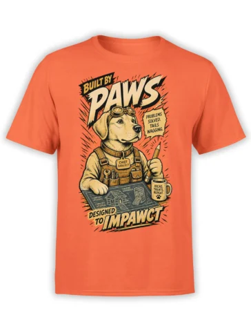 Orange dog architect T-shirt with goggles, blueprints, tools, and “Designed to Impawct” graphic