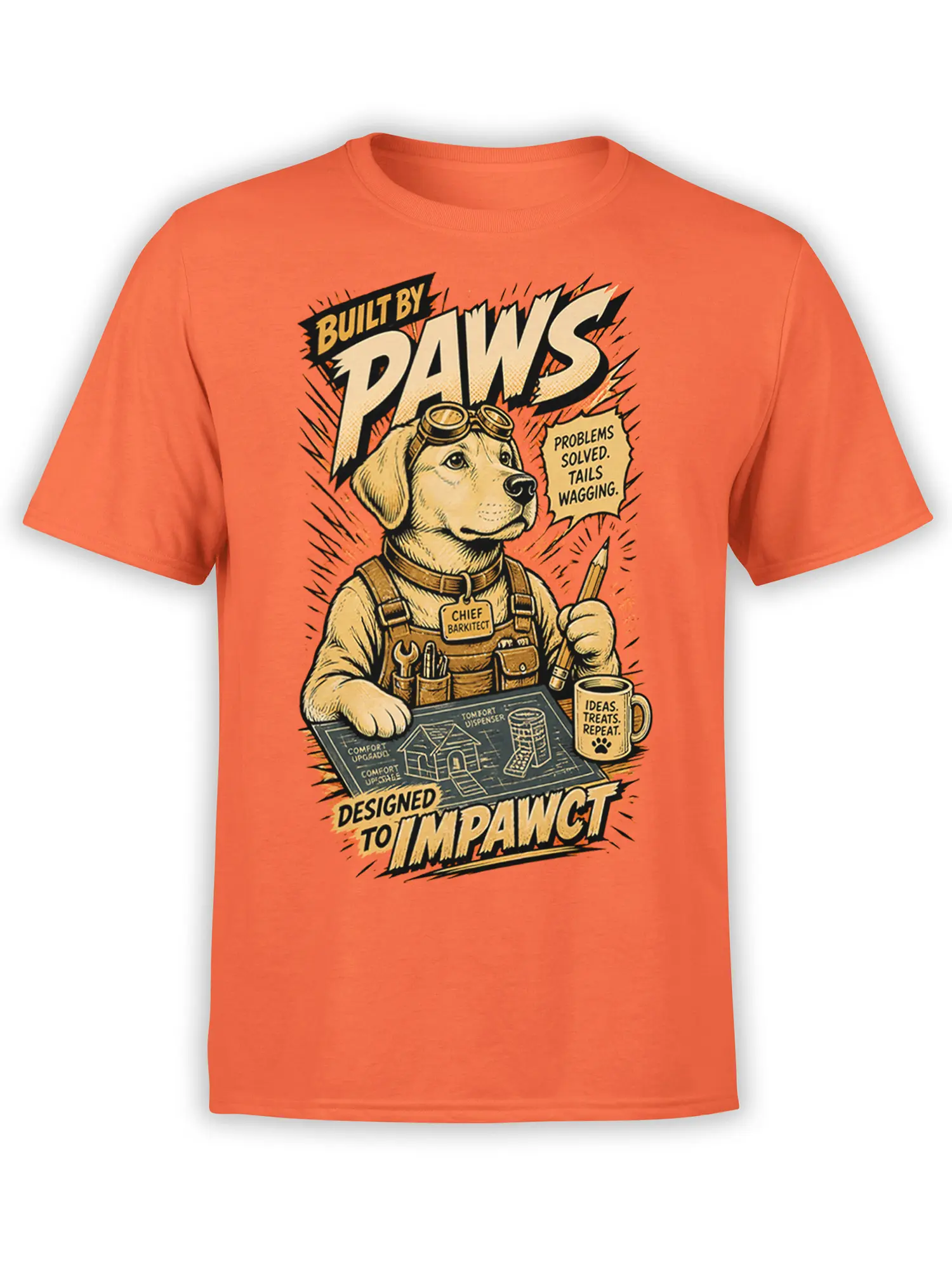 Orange dog architect T-shirt with goggles, blueprints, tools, and “Designed to Impawct” graphic