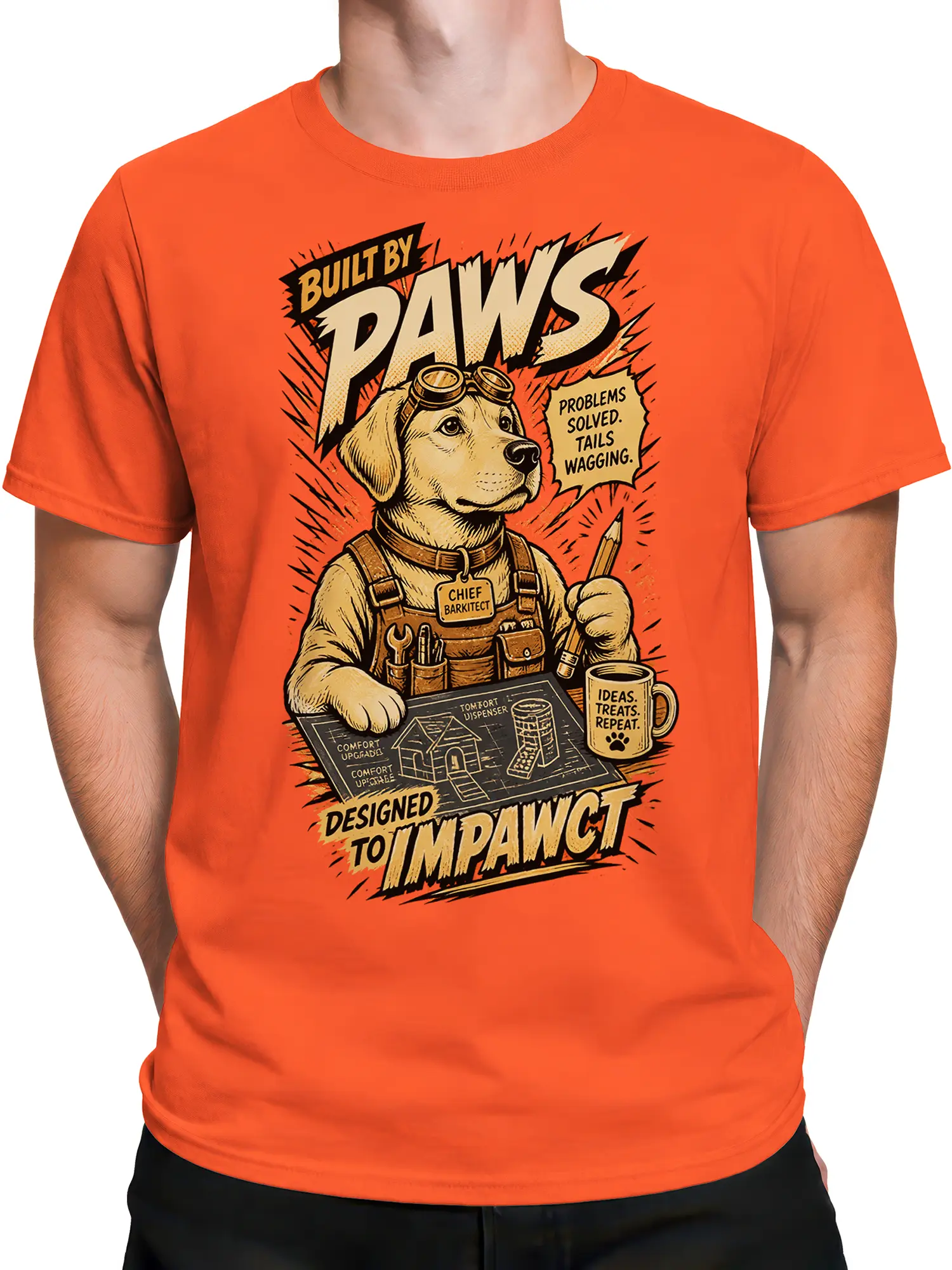 Male torso wearing orange dog architect T-shirt with “Designed to Impawct” graphic